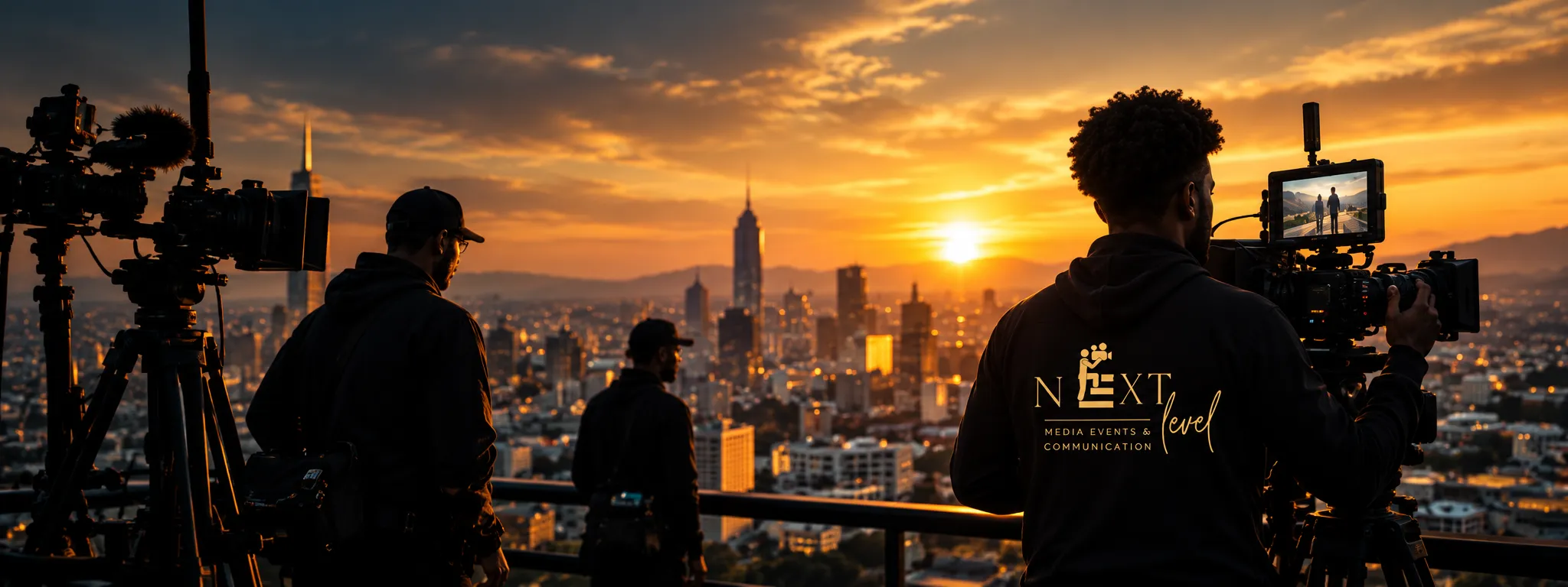 Next Level Media crew filming over the Addis Ababa skyline at sunset